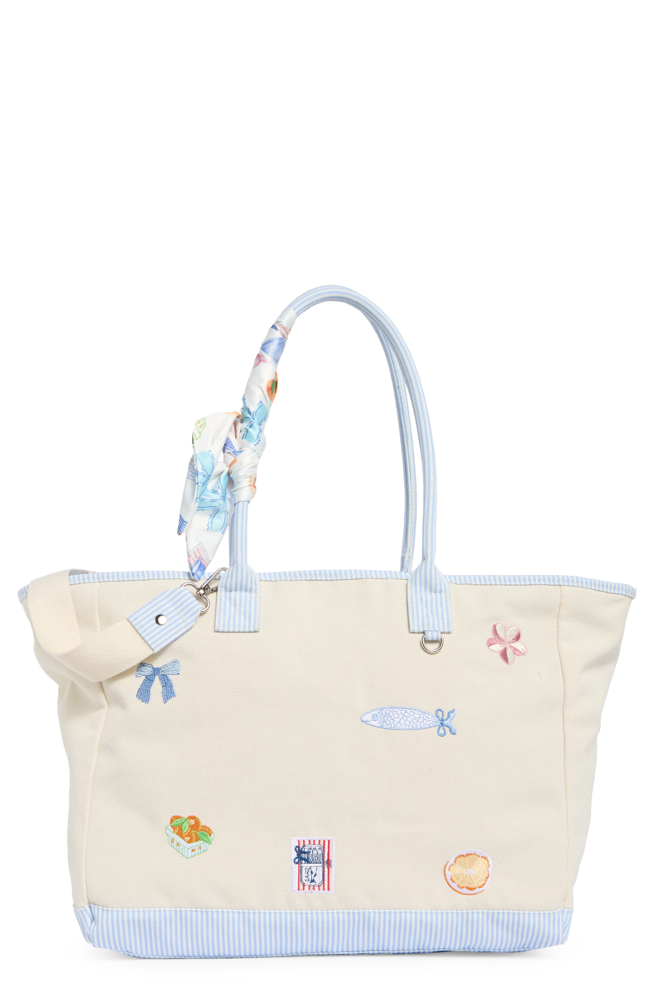 Madden Girl Embroidered Canvas Tote Bag, Main, color, Natural Blue Stripe