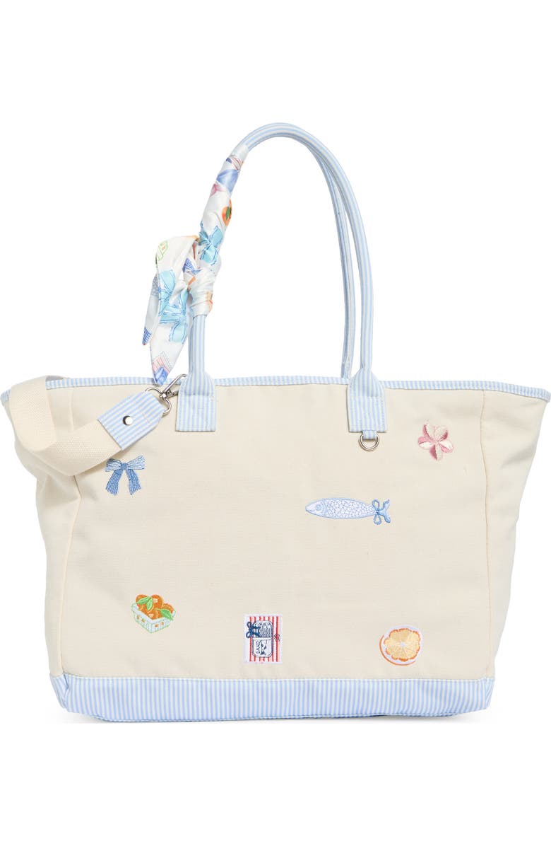 Madden Girl Embroidered Canvas Tote Bag, Main, color, Natural Blue Stripe