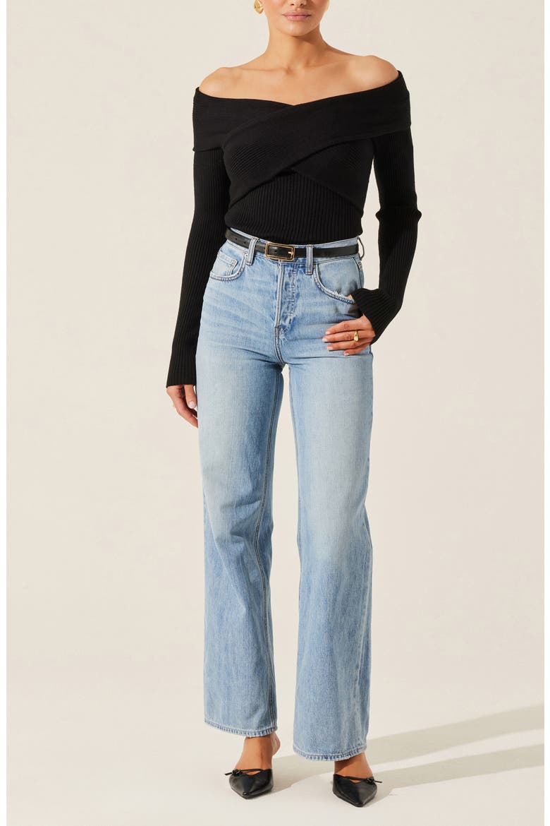 Crossover Off The Shoulder Rib Sweater, Alternate, color, BLACK