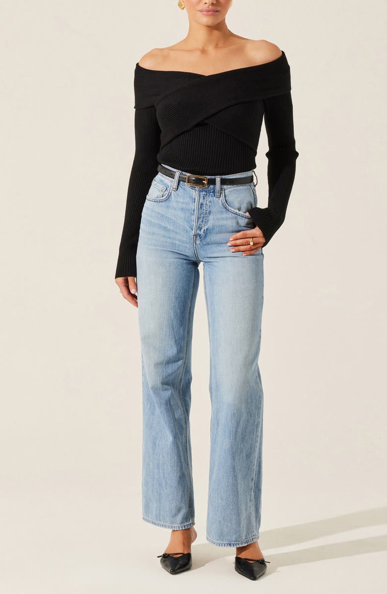 ASTR the Label Crossover Off The Shoulder Rib Sweater, Alternate, color, Black