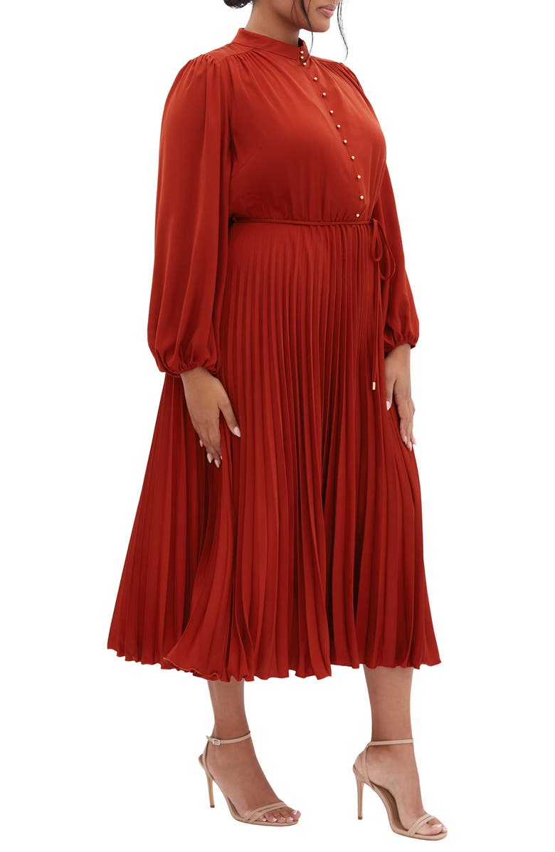 City Chic Oasis Long Sleeve Pleated Dress, Alternate, color, Cinnamon