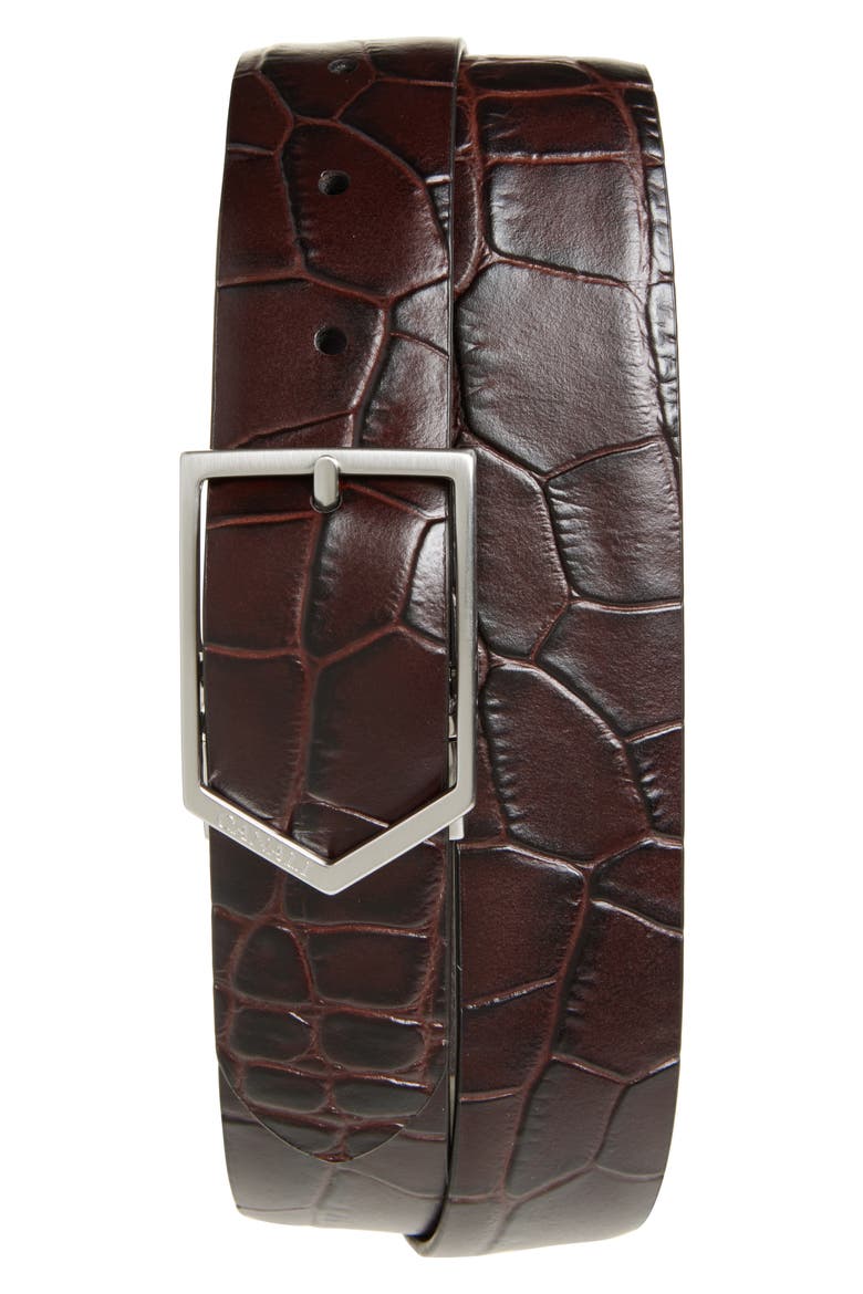 Croc Embossed Leather Belt, Main, color, BROWN