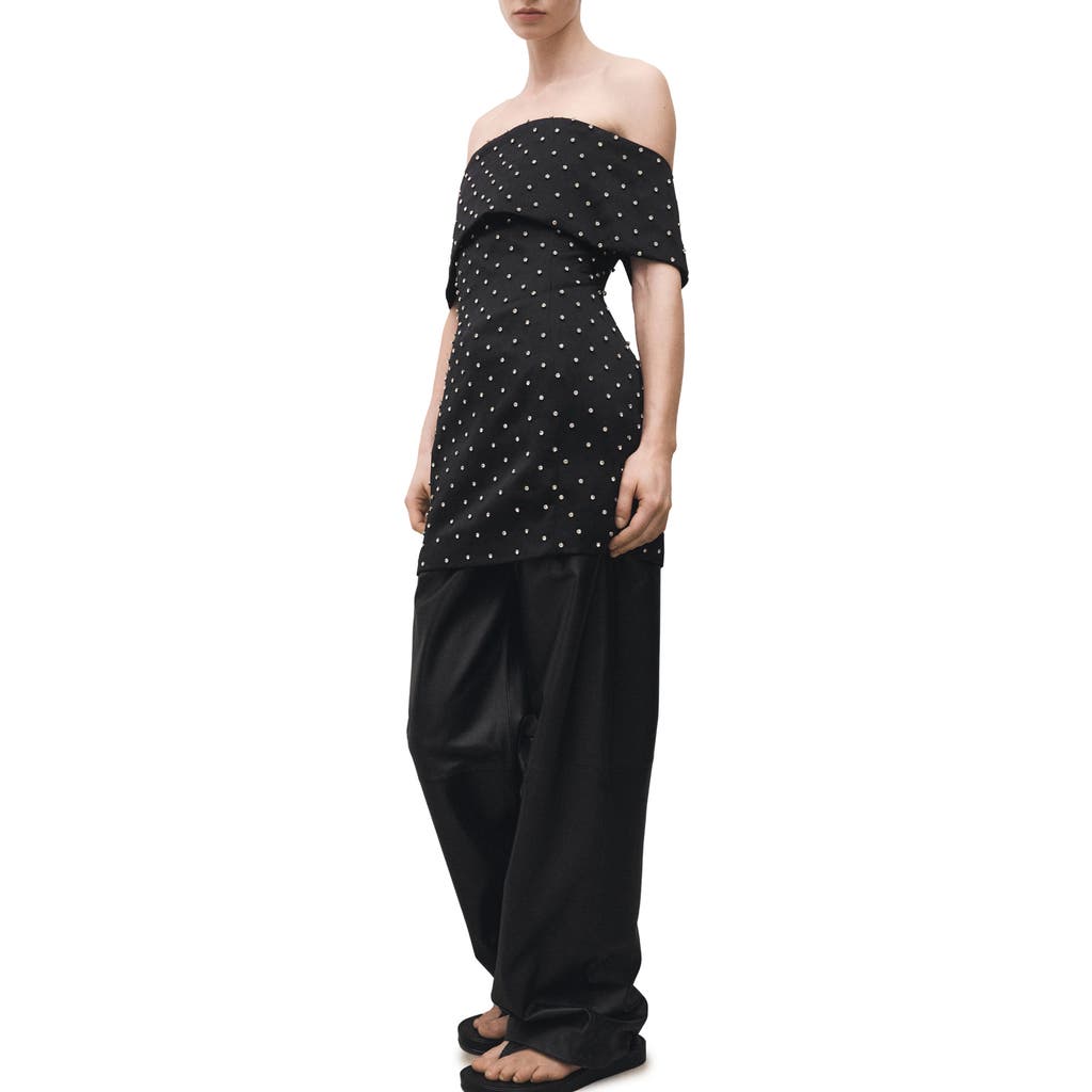 Shop Mango Rhinestone Off-the-shoulder Minidress In Black