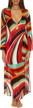 Trina Turk Swoop Long Sleeve Mesh Cover-Up Maxi Dress