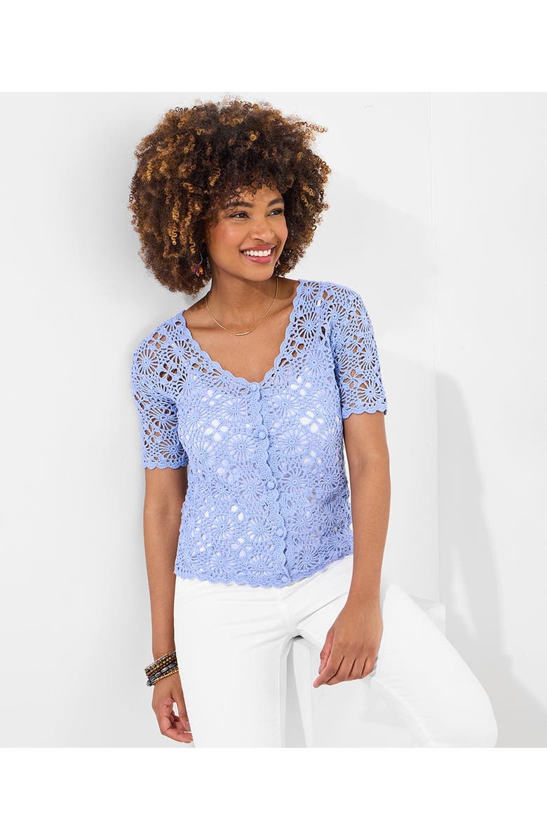 Jessica London Crochet V-Neck Cardigan, Main, color, French Blue