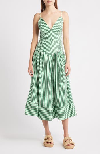 Farm Rio Stripe A-line Midi Dress In Green