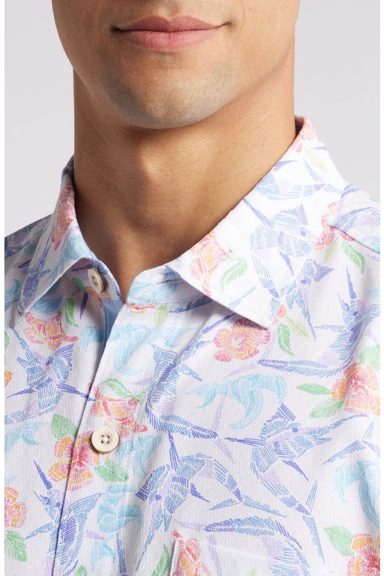 Coconut Point Marlin Mania Floral IslandZone® Short Sleeve Performance Button-Up Shirt, Alternate, color, WHITE