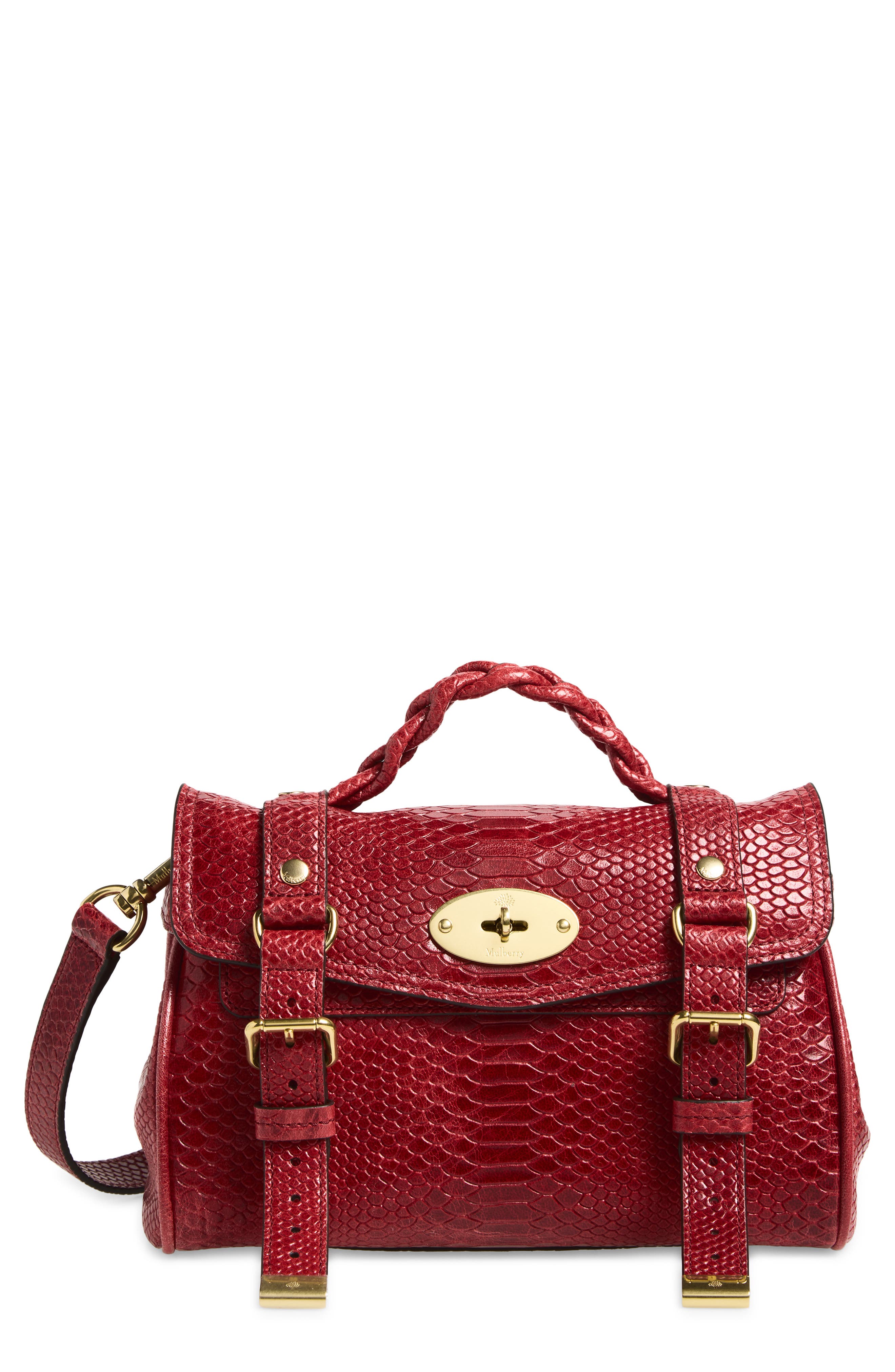 Mini Alexa Snake Embossed Leather Satchel, Main, color, APPLE RED