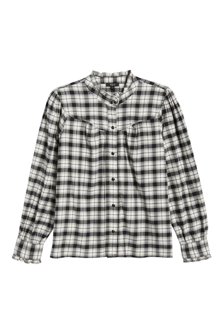Alanna Ruffle Plaid Snap-Up Shirt, Alternate, color, IVORY SMOKE ONYX