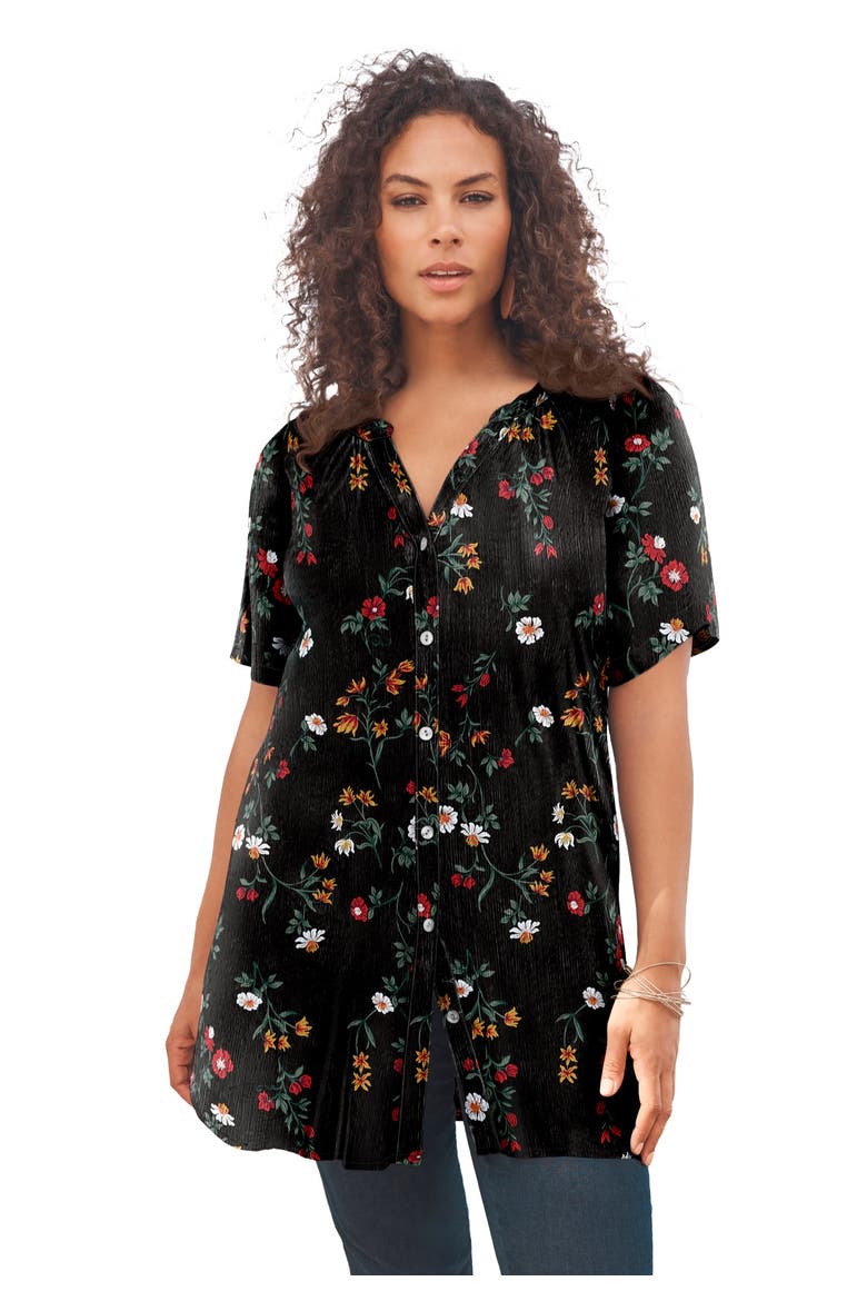 Plus Size Angelina Crinkle Crepe Y Neck Short Sleeve Tunic, Main, color, BLACK FLOWER STEMS