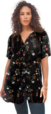Roaman's Plus Size Angelina Crinkle Crepe Y Neck Short Sleeve Tunic