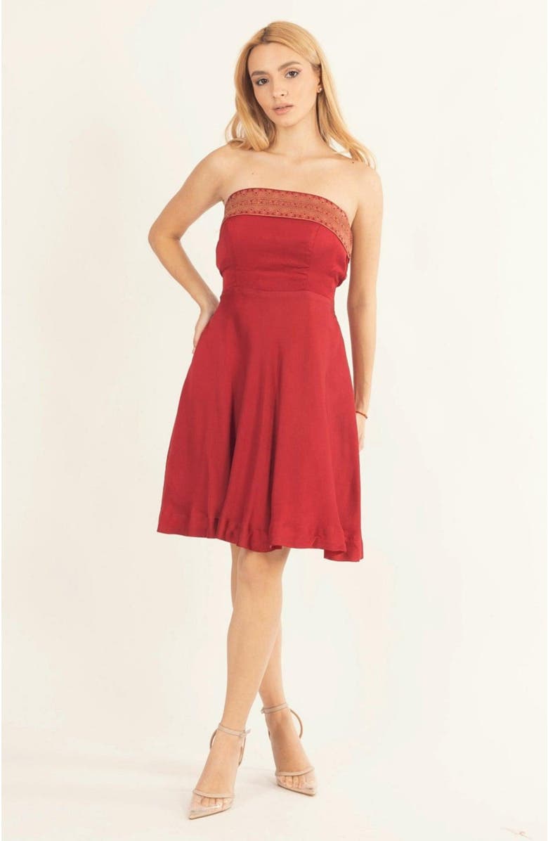 RAAS Cerise Jacquard Border Strapless Mini Dress, Main, color,