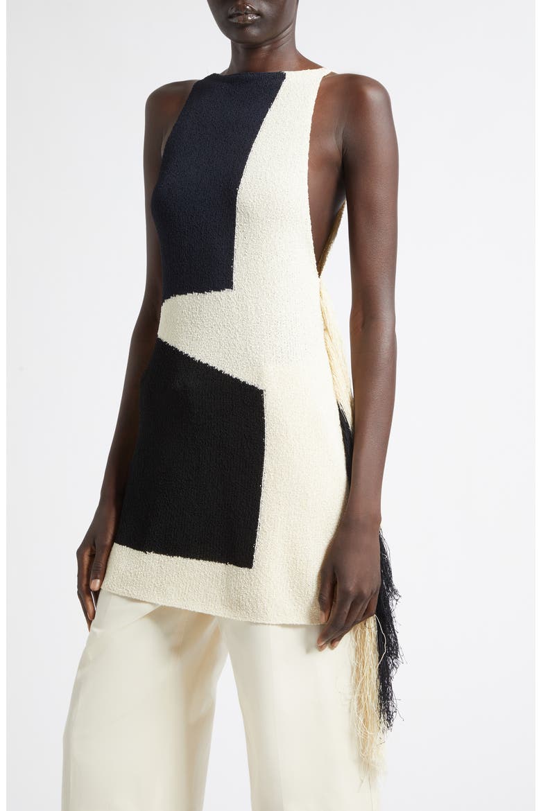 Saskia Colorblock Intarsia Textured Fringe Midi Sweater, Alternate, color, SAND MULTI