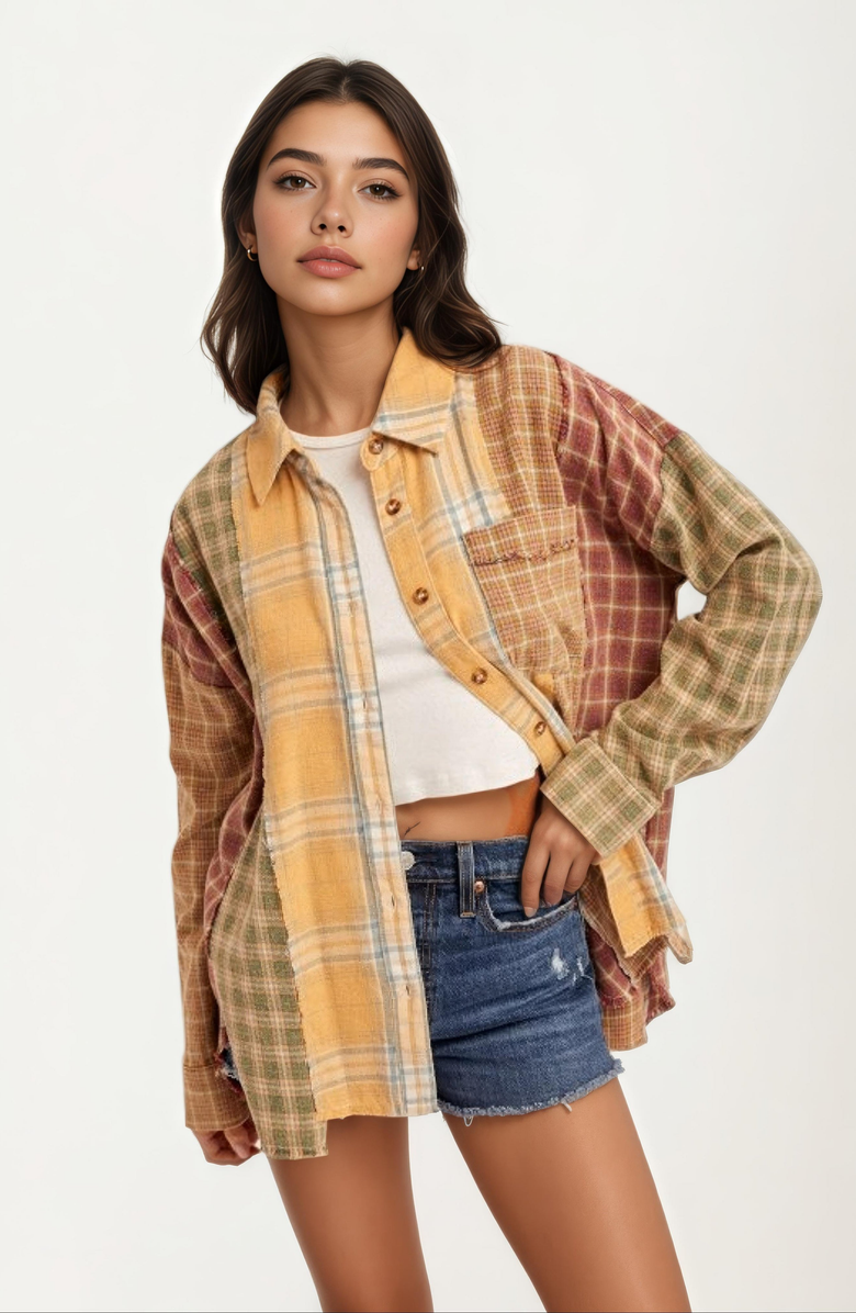 Knit and Lounge Patchwork Plaid Chest-Pocket Button-Down Shirt, Alternate, color, 