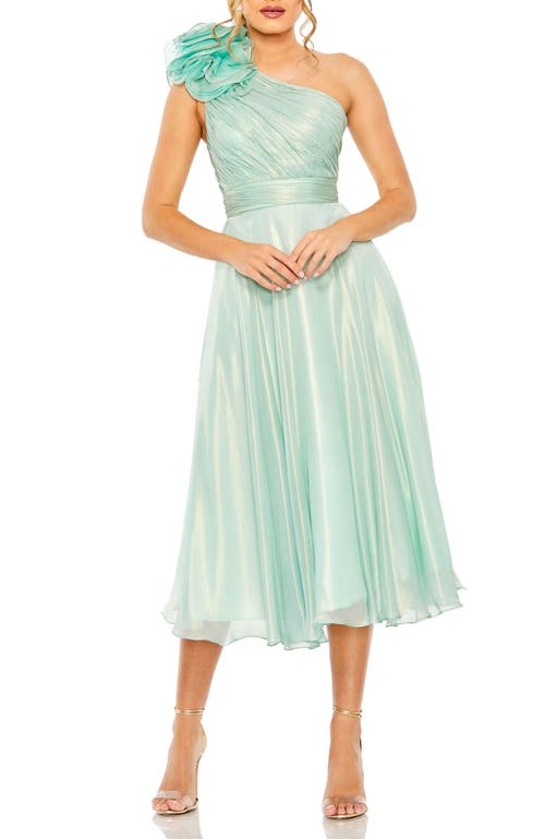Mac Duggal Rosette One Shoulder Tea Length Dress In Sage