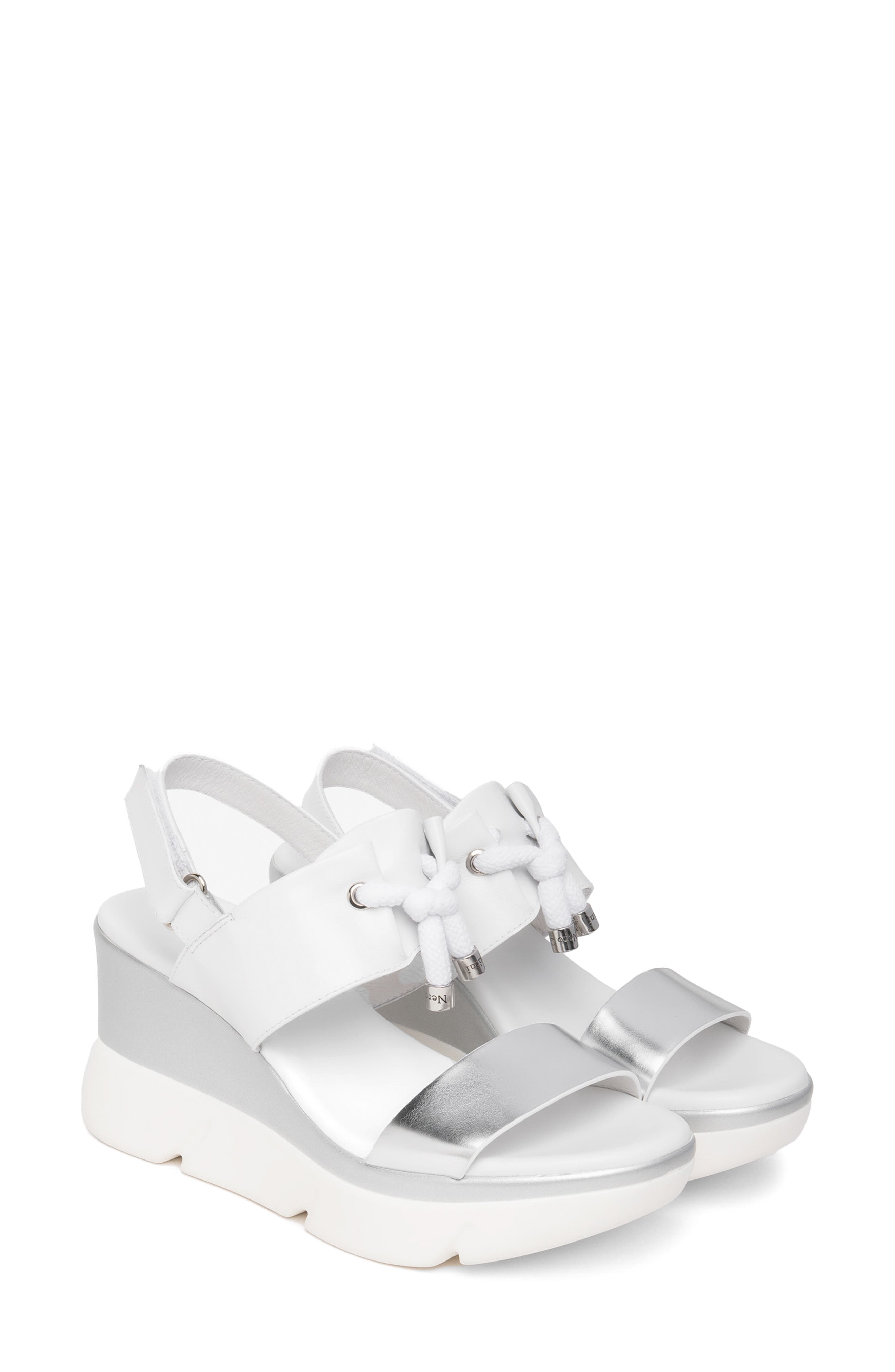 Sport Drawstring Wedge Sandal, Main, color, WHITE/ SILVER