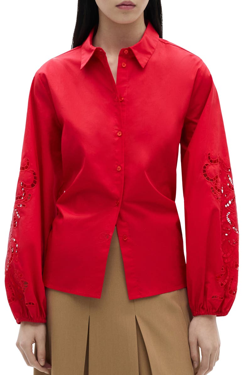 MANGO Openwork Sleeve Button-Up Shirt, Main, color, Red