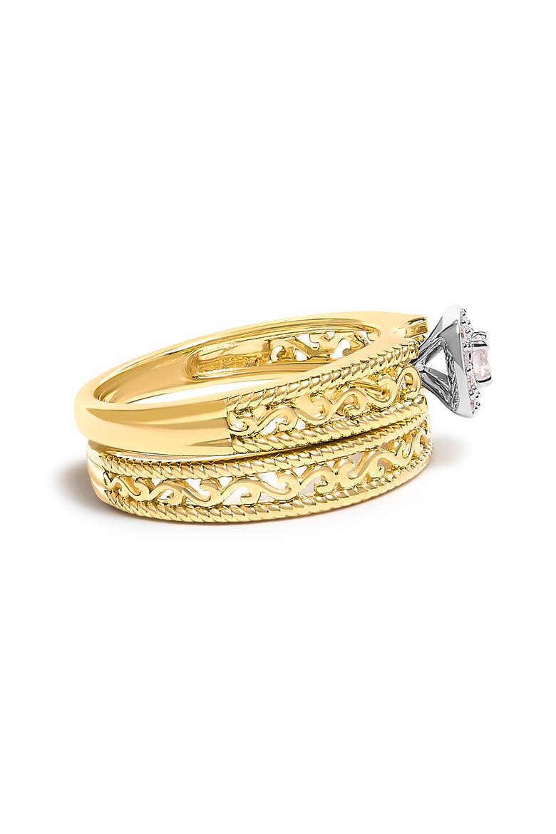 14K Yellow Gold Plated Silver 1/5 Ctw Diamond Halo and Milgrain Bridal Ring Set, Alternate, color, Yellow