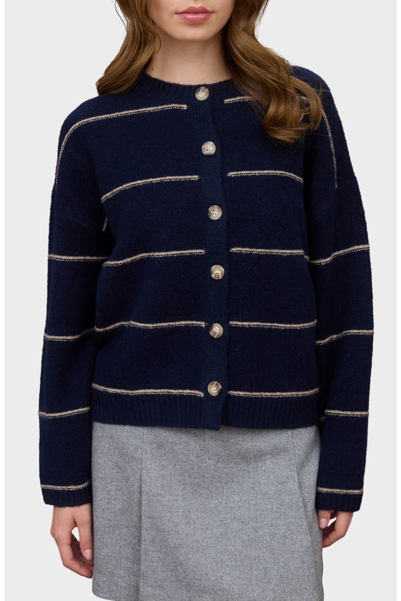 Stripe Crewneck Cardigan, Main, color, NAVY