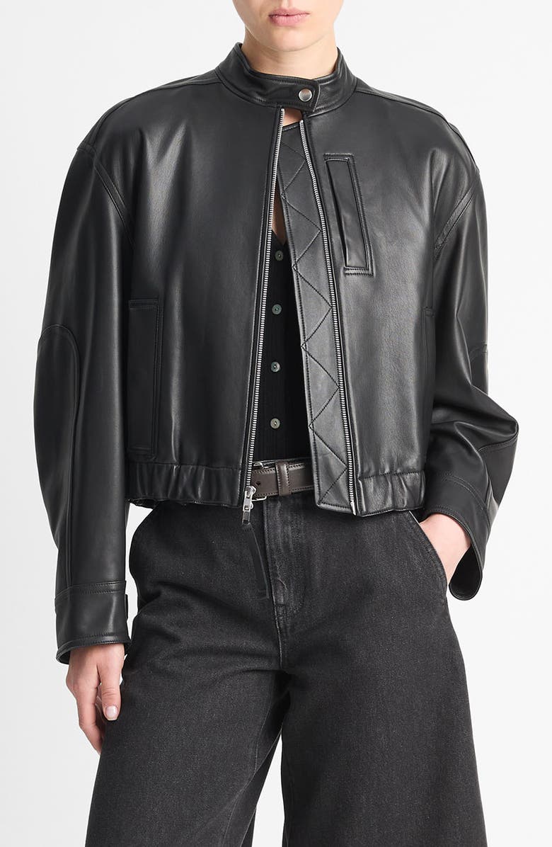 Vince Leather Crop Bomber Jacket, Main, color, 
