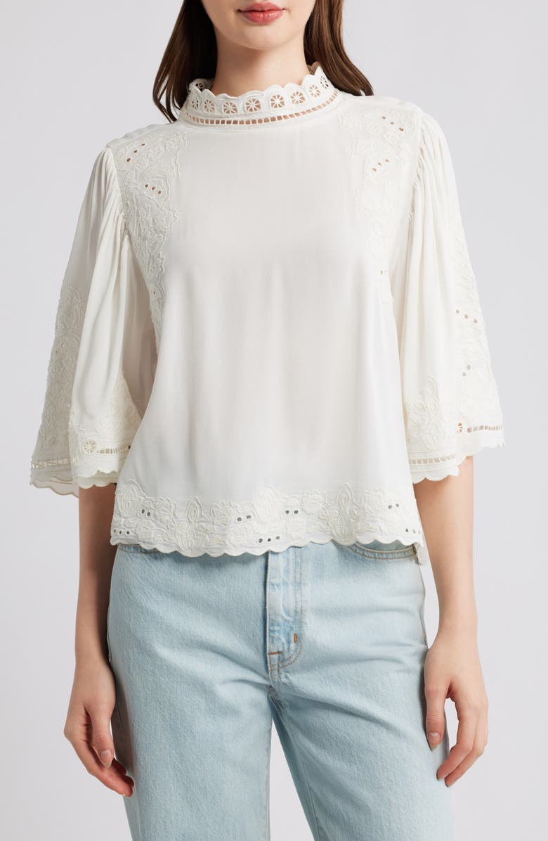 FARM Rio Palm Tree Embroidered Eyelet Mock Neck Top, Main, color, Off-White