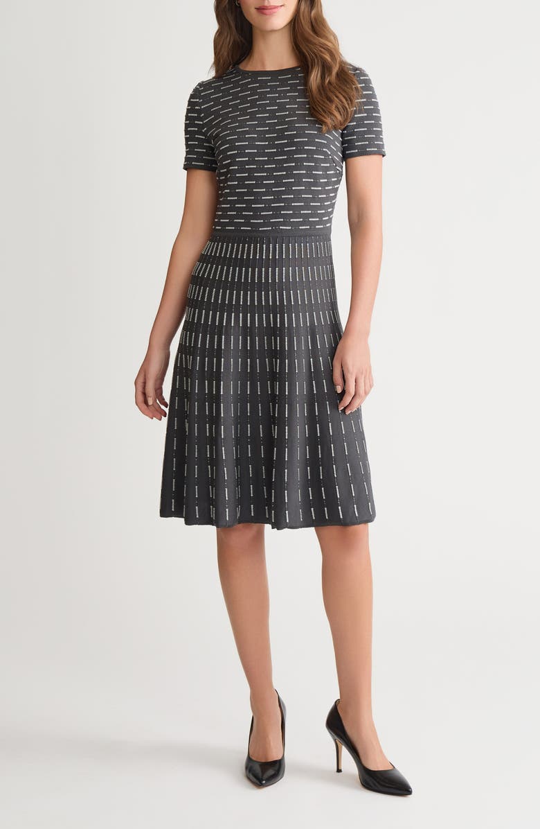 Ming Wang Digital Dash Short Sleeve Fit & Flare Dress, Main, color, Granite/ Lunar Rock