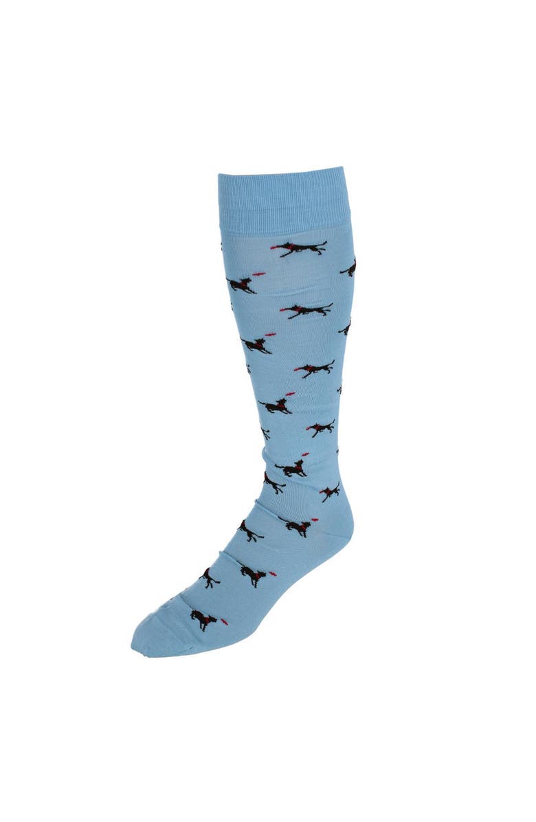 Trafalgar Go Fetch Dog with Frisbee Over The Calf Pima Cotton Novelty Dress Sock, Main, color, Light Blue
