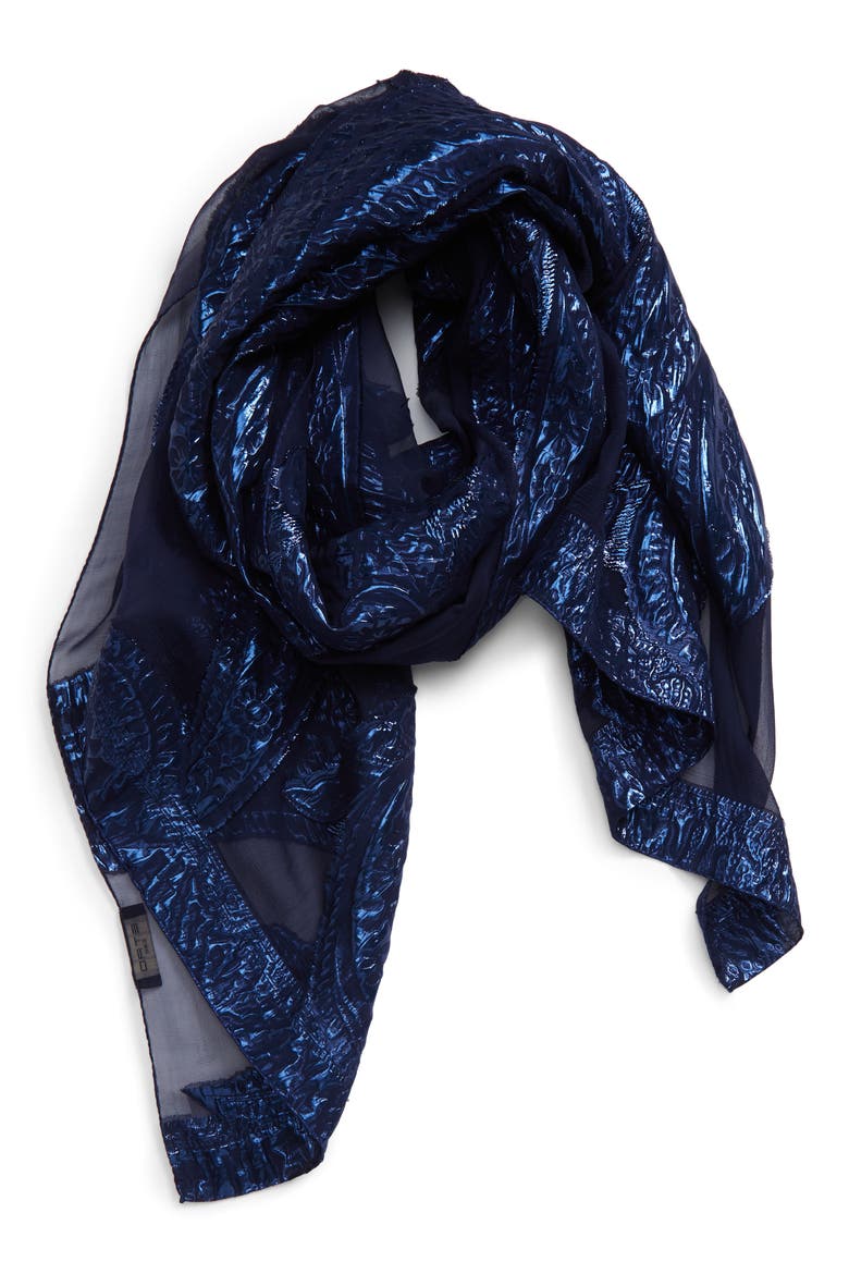 Tassel Jacquard Silk Blend Scarf, Main, color, NAVY