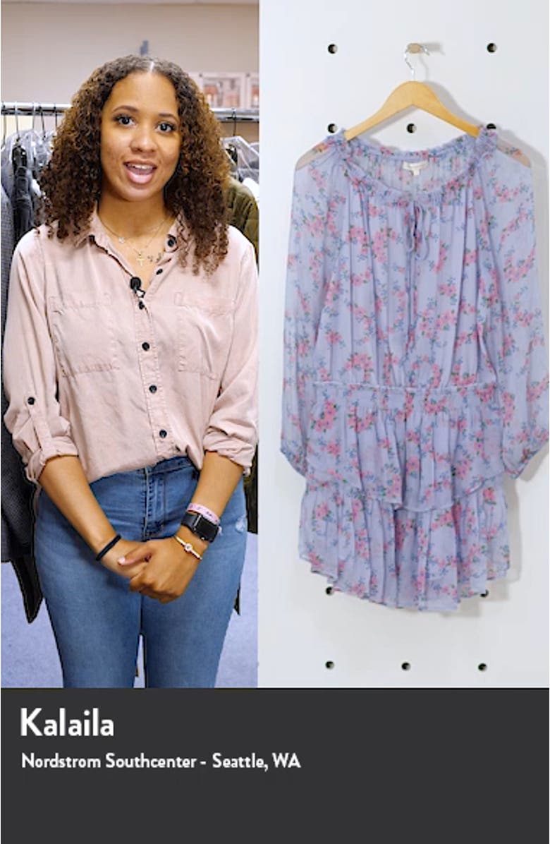 Floral Print Popover Long Sleeve Silk Minidress, sales video thumbnail