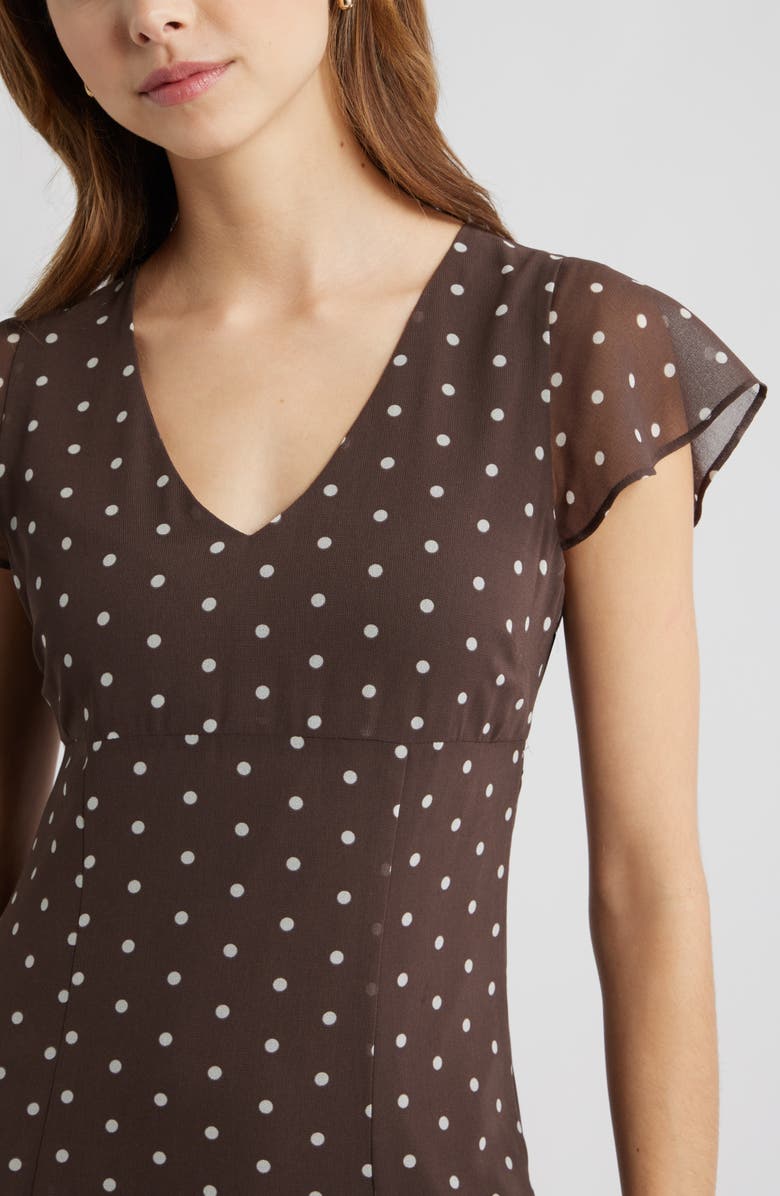 Open Edit Short Sleeve Godet Pleat Dress, Alternate, color, Brown- Ivory Corner Dot