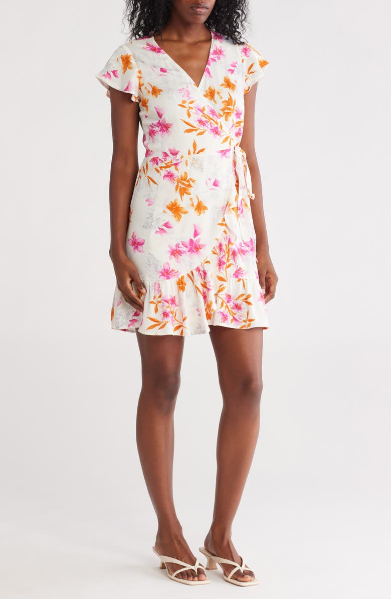 Lovestitch Floral Flutter Sleeve Wrap Dress, Main, color, Ivory/ Fuschia
