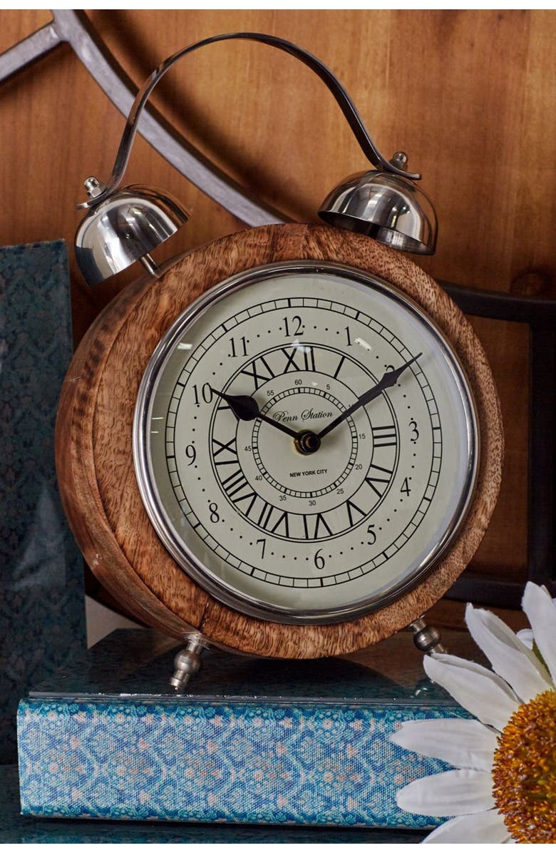 Novogratz Brown Mango Wood Clock with Bell Style Top, Alternate, color,