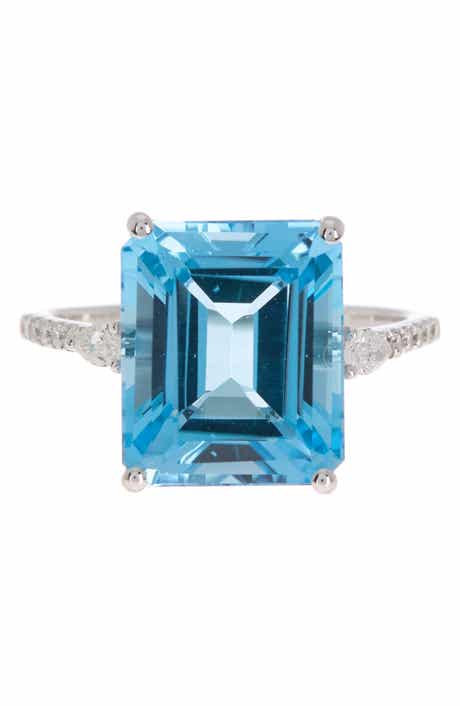 EFFY 14K White Gold Pave Diamond & Emerald Cut Blue Topaz Ring