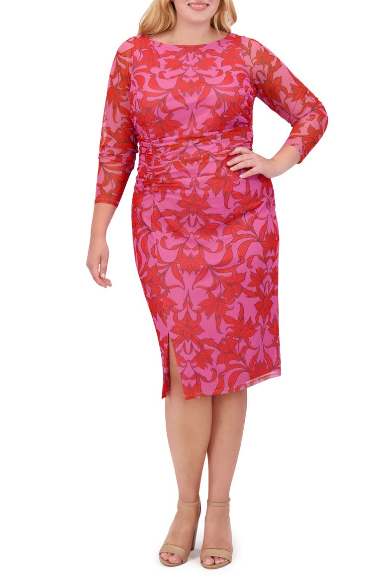 Floral Mesh Ruched Body-Con Dress, Main, color, PINK MULTI