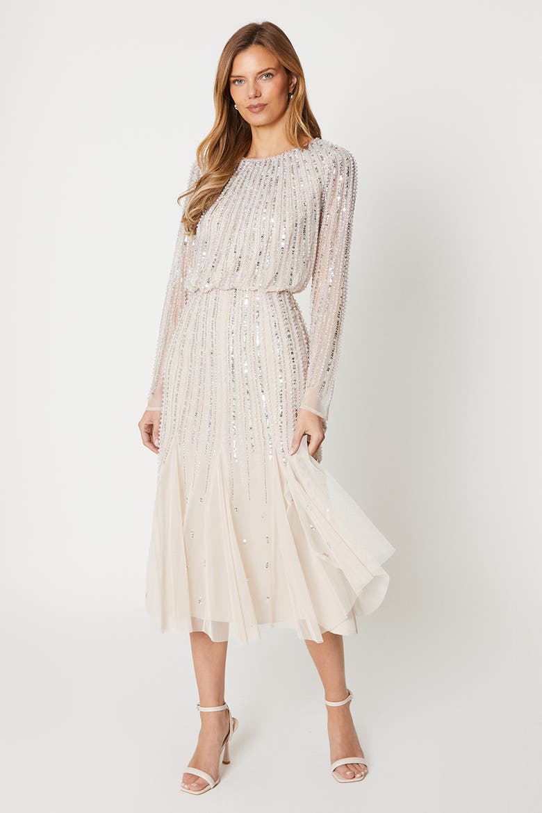 Party Sequin Long Sleeve Midi Dress, Main, color, Champagne