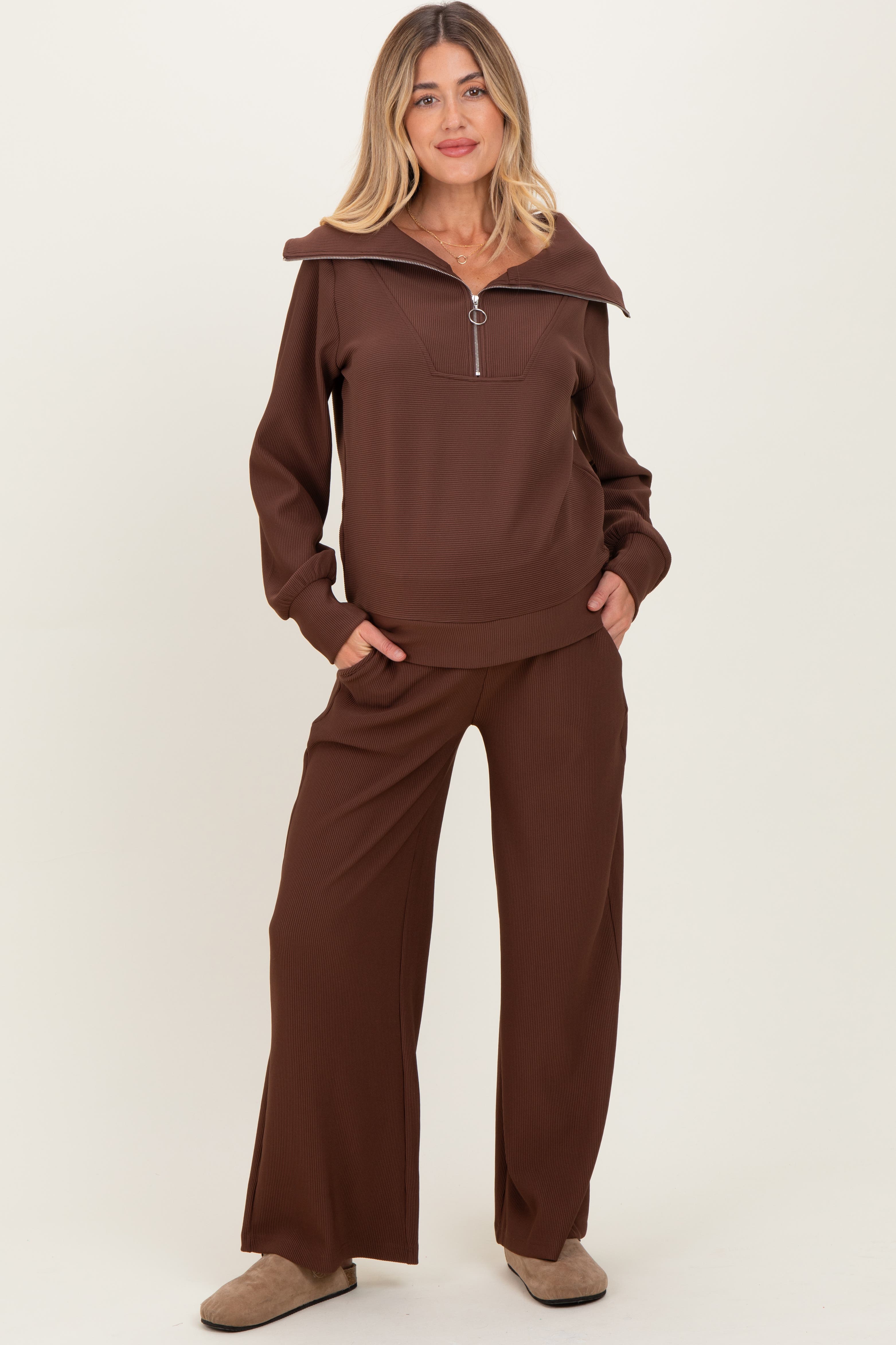 RIbbed Half Zip Pullover Wide Leg Pant Set