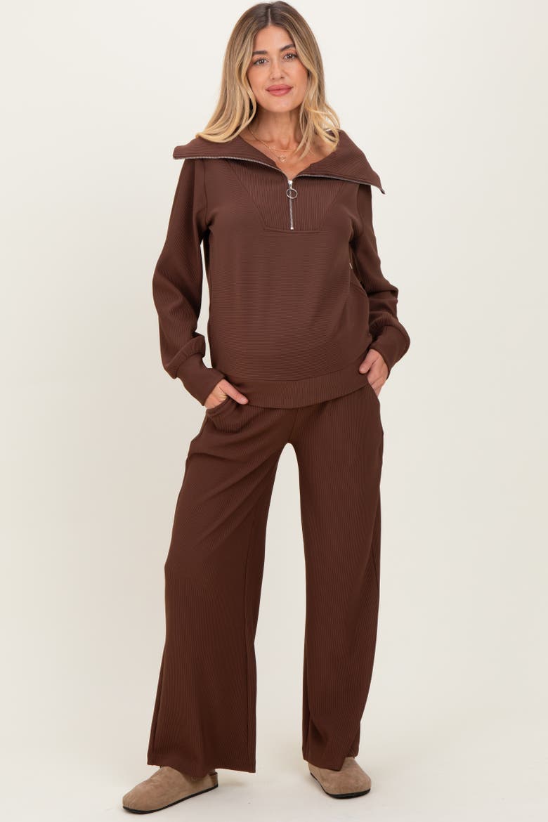 RIbbed Half Zip Pullover Wide Leg Pant Set, Main, color, Brown
