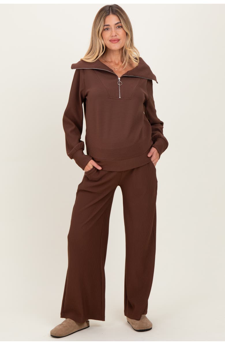 PinkBlush RIbbed Half Zip Pullover Wide Leg Pant Set, Main, color, Brown
