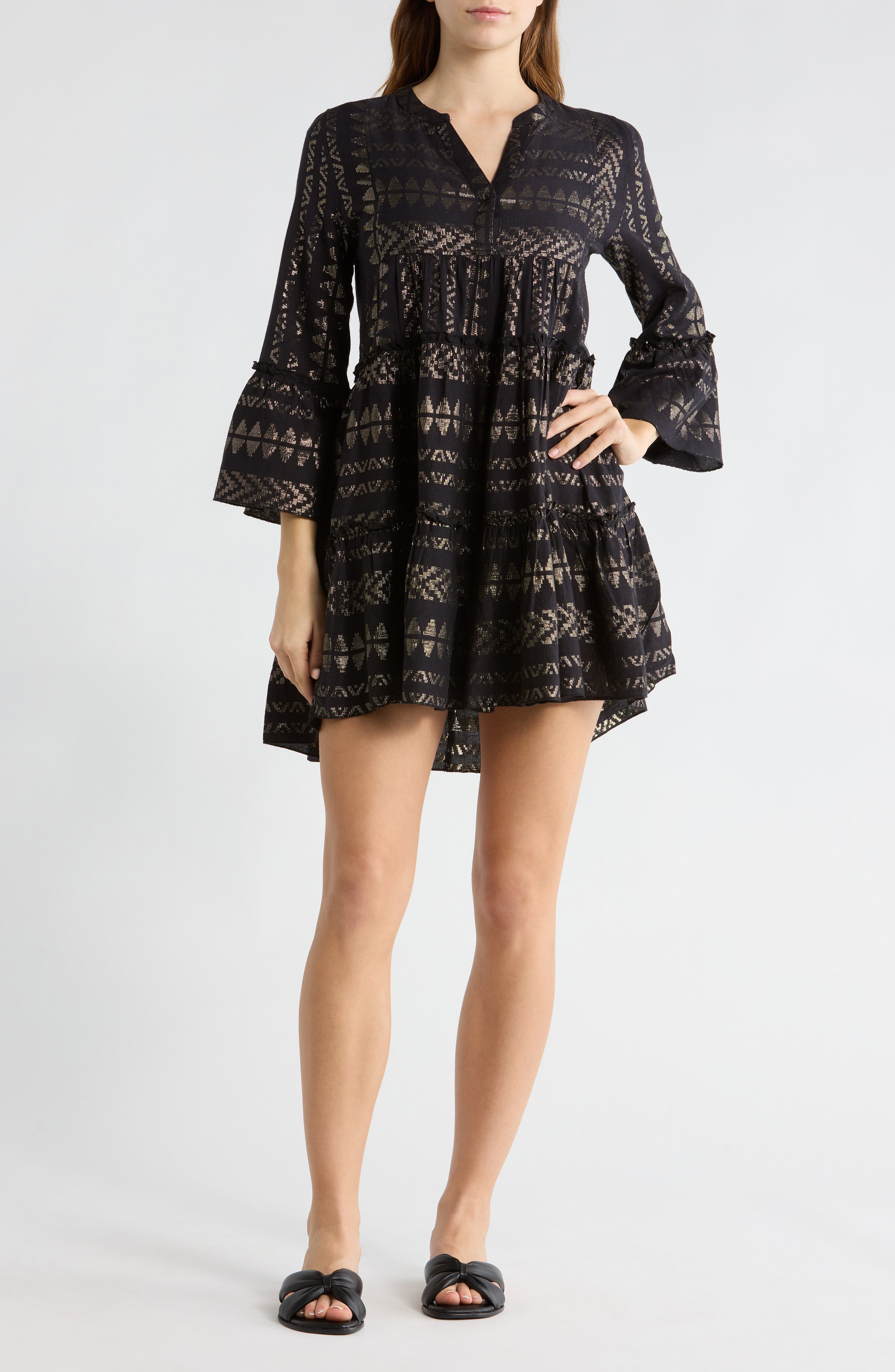 Elan Metallic Bell Sleeve Cover-Up Dress
