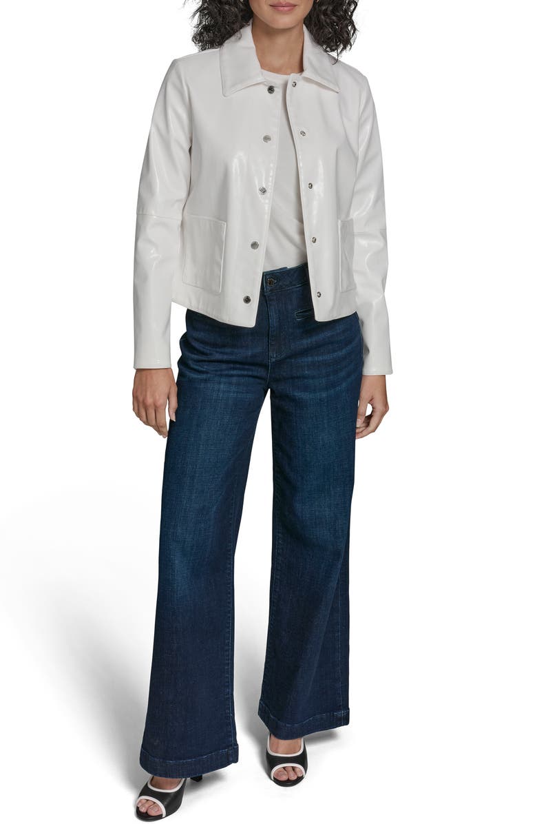 KARL LAGERFELD Snap Front Patent Leather Shirt Jacket, Alternate, color, White