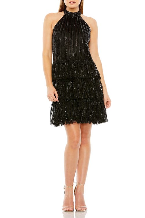 MAC DUGGAL MAC DUGGAL HIGH NECK A-LINE RUFFLE SEQUIN MINI DRESS