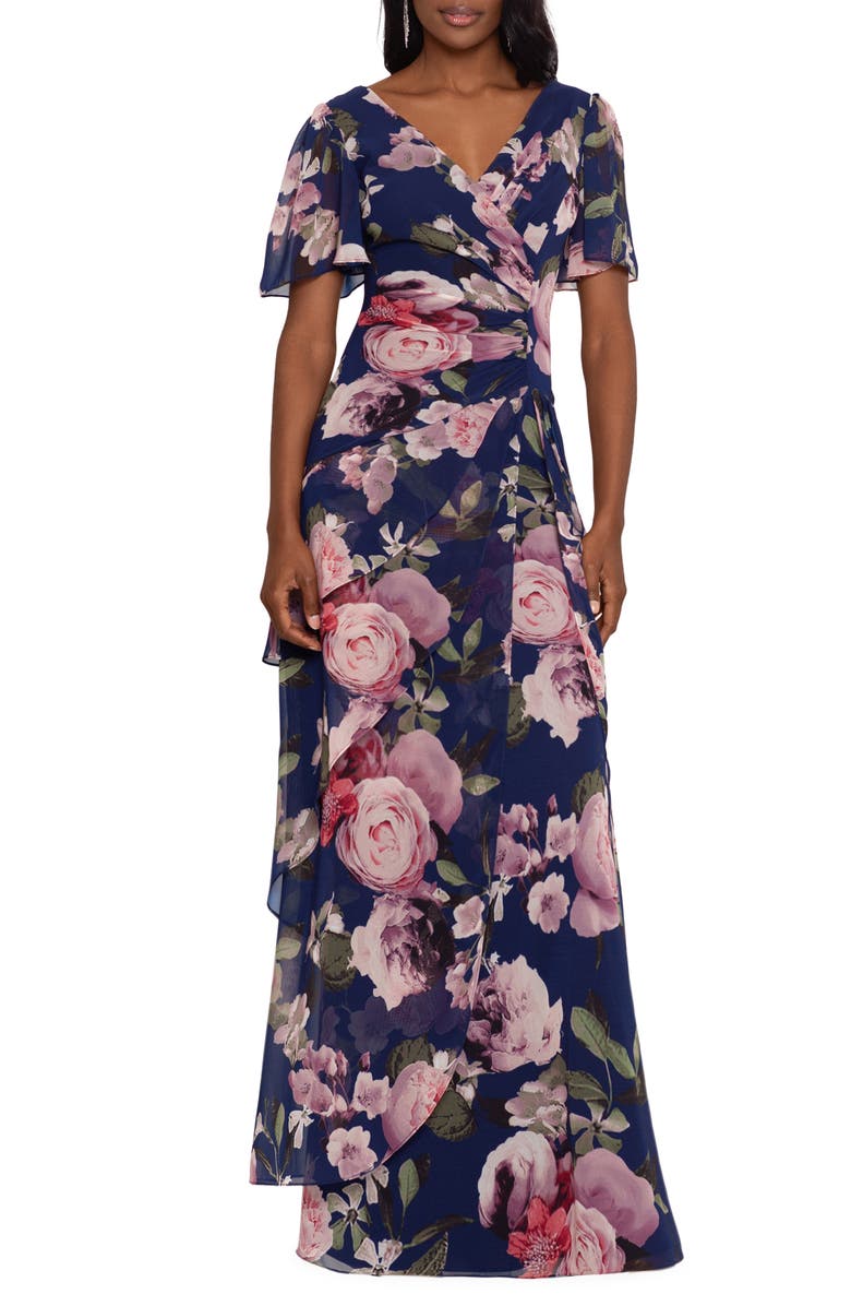 Xscape Evenings Floral Tiered Chiffon Gown, Main, color,