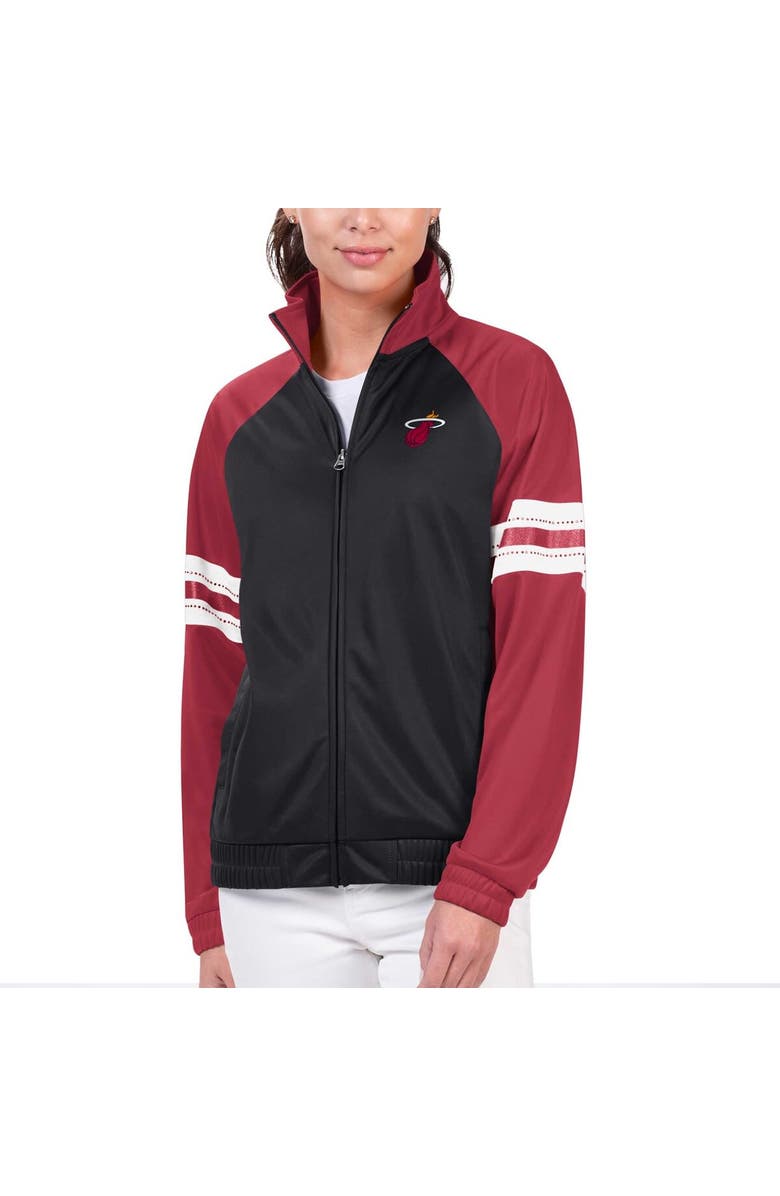 G-III 4HER BY CARL BANKS Women's G-III 4Her by Carl Banks Black Miami Heat Main Player Raglan Rhinestone Full-Zip Track Jacket, Main, color, Black