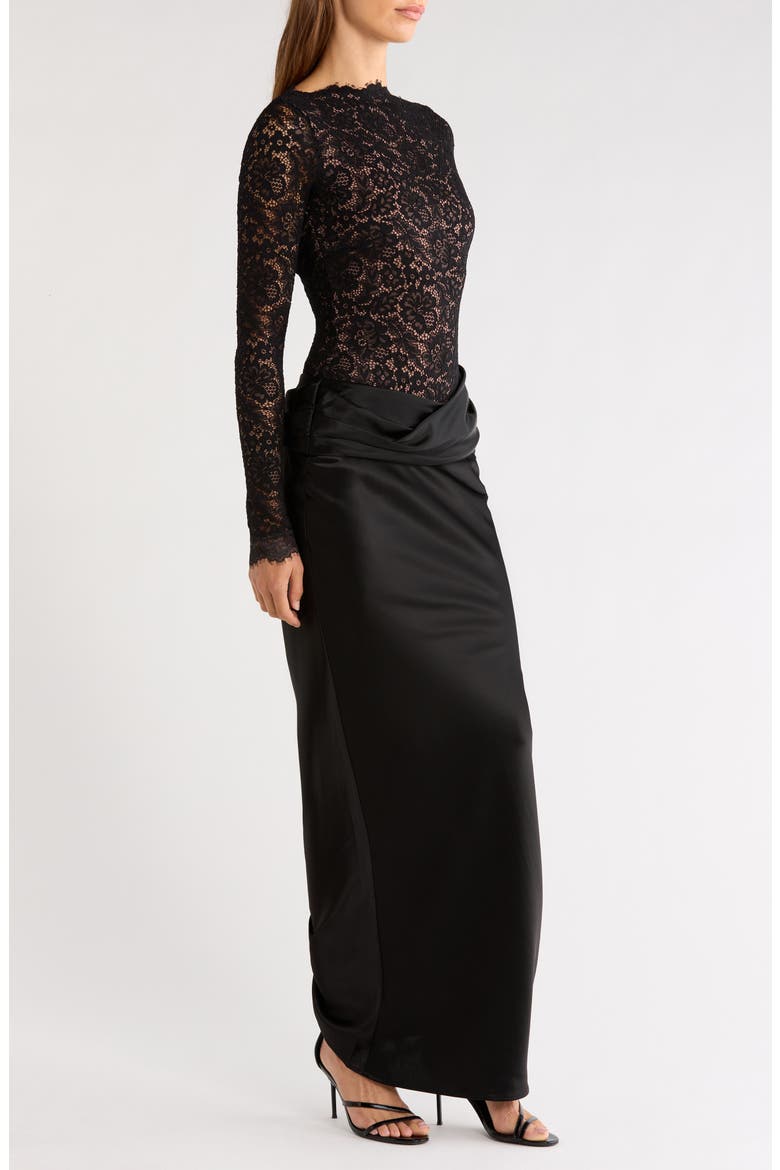 Yasmeen Long Sleeve Lace Bodysuit & Satin Skirt Set, Alternate, color, BLACK