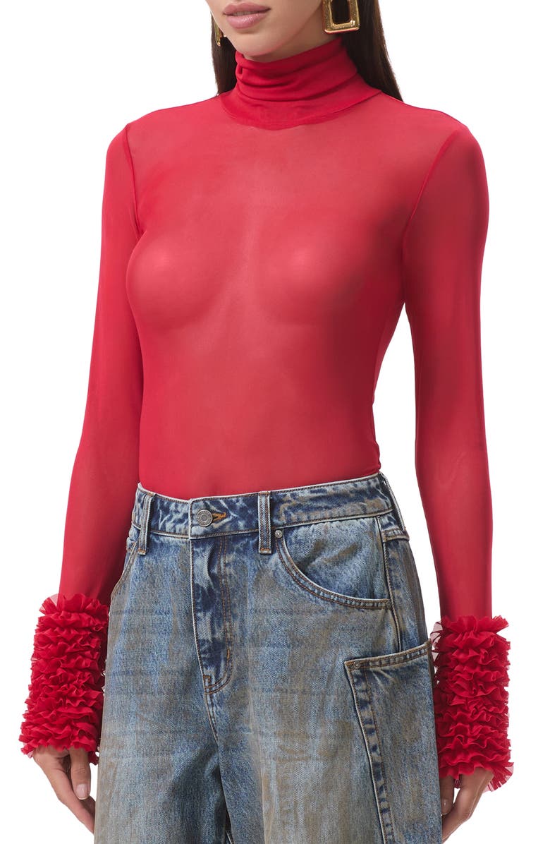 AFRM Helena Ruffle Trim Long Sleeve Mesh Shirt, Main, color, Kiss Red