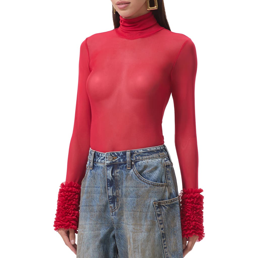 Afrm Helena Ruffle Trim Long Sleeve Mesh Shirt In Red
