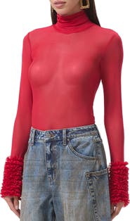 AFRM Helena Ruffle Trim Long Sleeve Mesh Shirt