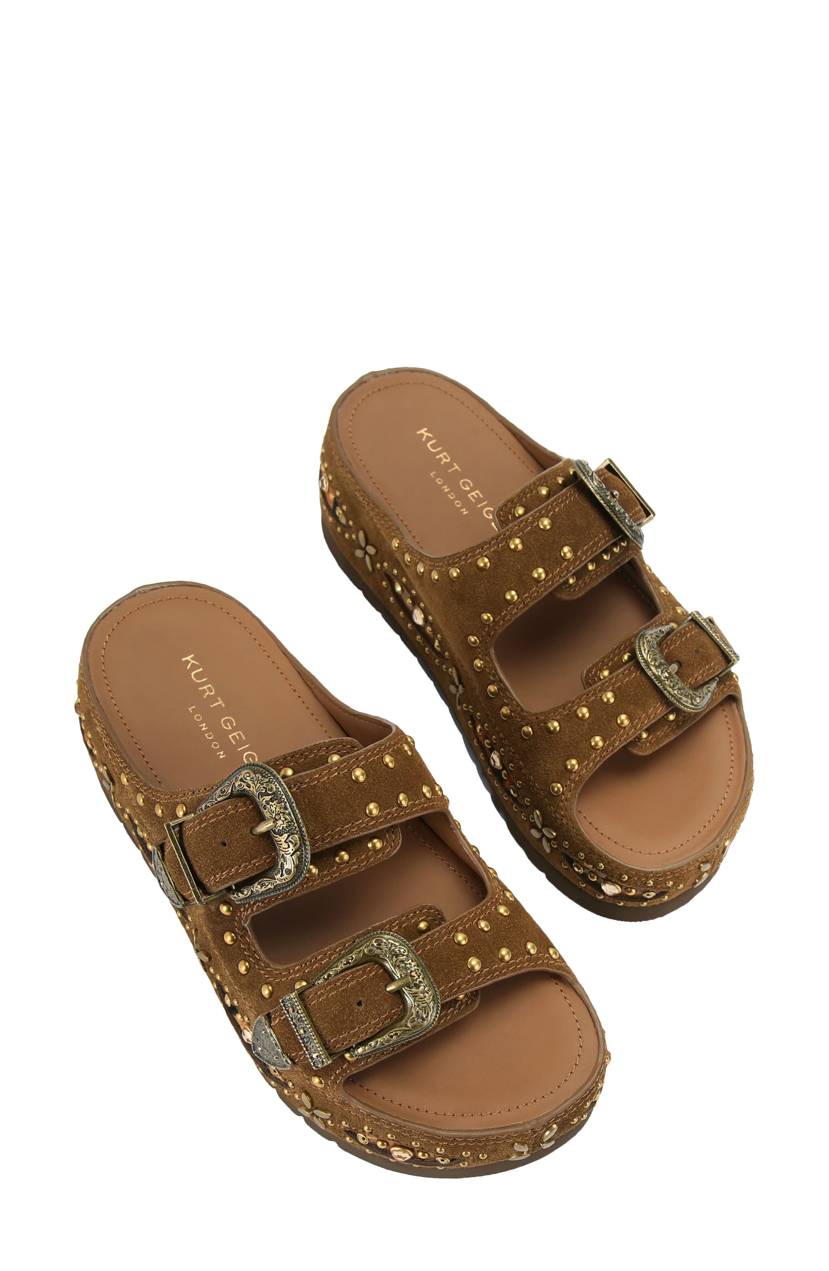 Kurt Geiger London <p>Western Buckle Leather Flatform Slide Sandal (Women)</p>, Alternate, color, Brown