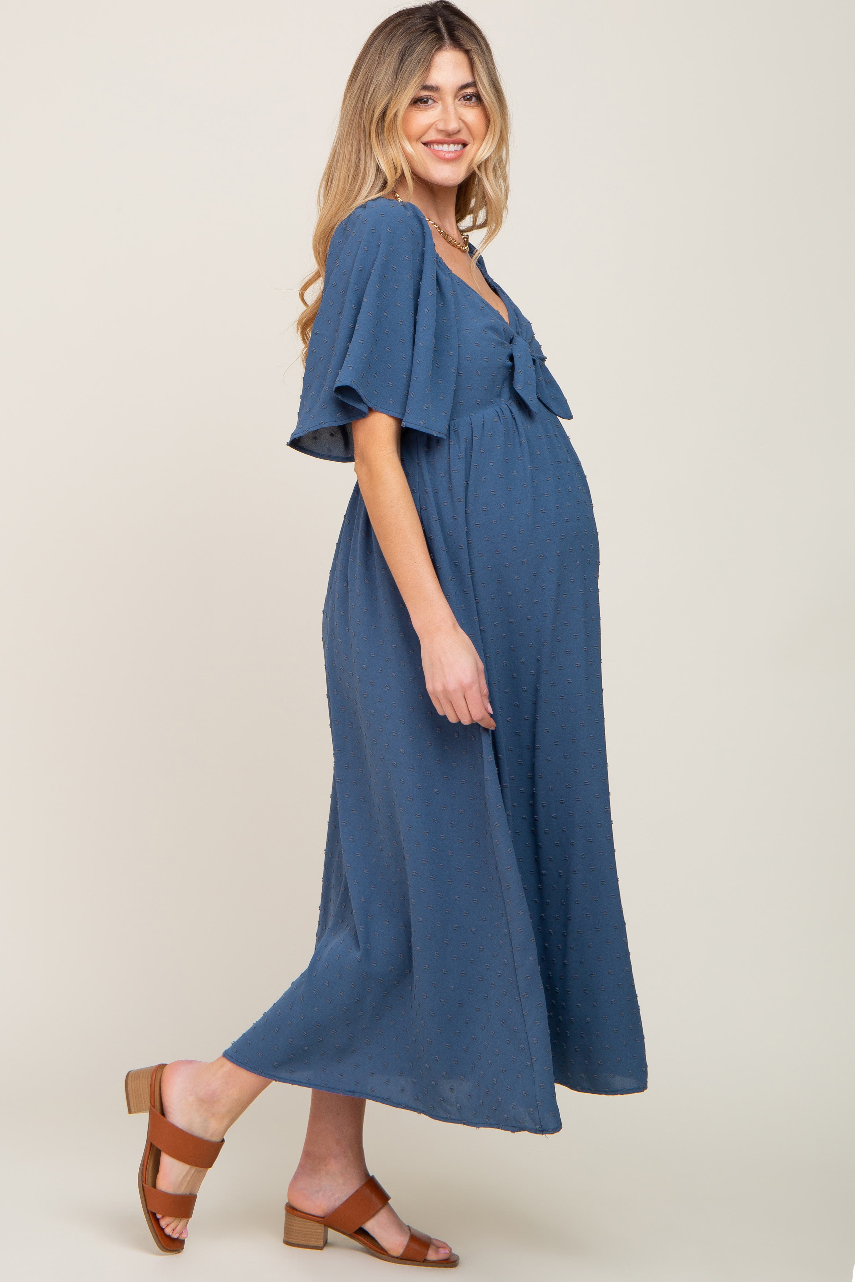 Textured Dot Front Tie Ruffle Sleeve Midi Dress - image 2