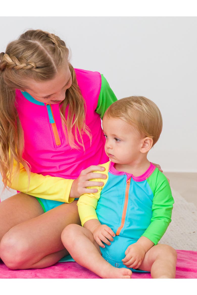 Long Sleeve Zipper Rash Guard 2-Piece Bikini Swimsuit, Alternate, color, Neon Color Block